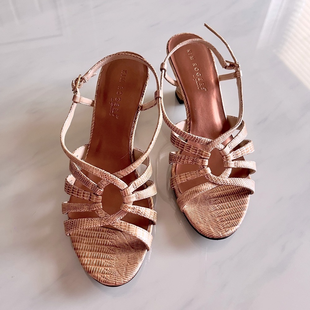 Kim Rogers Signature Angel Tan Snake Skin patterned 3” heel sandals 8M
